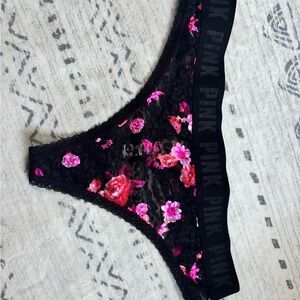 PINK Victoria's Secret Black and Pink Floral Lace Panty